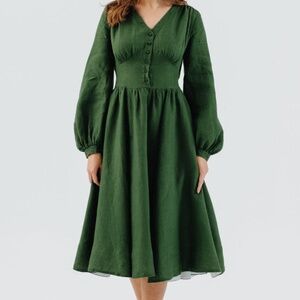 Son de Flor Deep Green Midi Dress with Buttoned Bodice